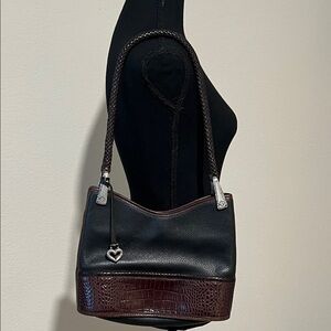 Brighton Black & Brown Leather Croc Embossed Shoulder Bag Braided Strap
